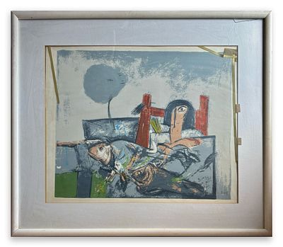 אהרון מסג, ליטוגרפיה, 73.5x87 ס״מ כולל המסגרת, חתום, שבר בזכוכית