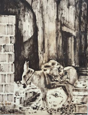 גואש על נייר 
"חמור בסמטה" 
חתום