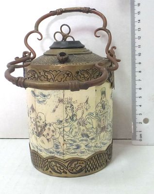 Vessel for opium smoking, China. early 20th century, carved bone and brass, with matching brass straw