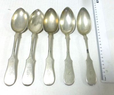 Five silver 12 spoons by Wagner. with monogram L.G., 347 gm