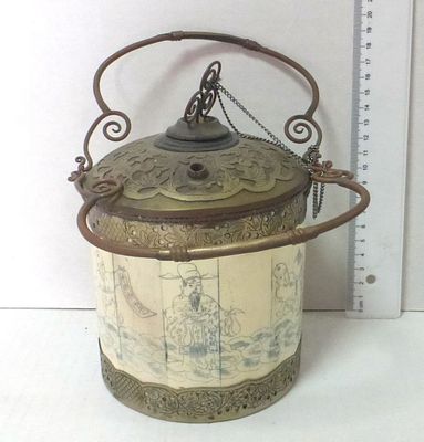 Vessel for opuim smoking, China. early 20th century, caved bone and brass with matching brass straw