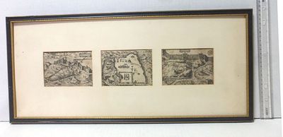 Jean Zuallart 1541-1634 - שלושה תחריטים, מראות. ירושלים: שער הרחמים, מפת ירושלם והר ציון, 1587