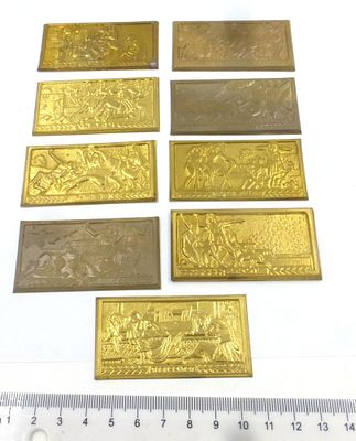 Ten brass plaques, after ten plaques of Egypt. Designed by Arieh Sandek, 6.3X3 cm