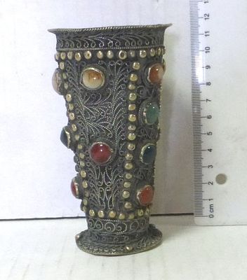 Metal cup set with gemstones. and filigree, artisan craft, North Africa, height 12 cm, diameter 7 cm