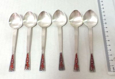 Six silver 916 spoons with enamel. Soviet Russia, 129 gm