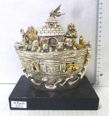 Silver 925 electroforming ornament. shaped like Noa's ark with pairs of animals, Noa and his 