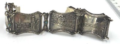Silver bracelet with six plaques. showing Israeli cities (5), "Israel" (1), 14 gm