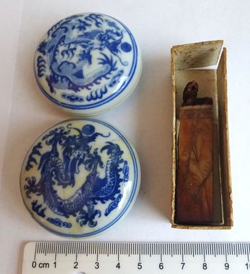 Chines carved stone stamp. with two boxes of red ink