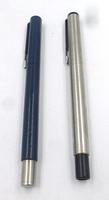 Two Parker-Vector pens. fountain, stainless steel barrel and cap, and ball point, blue barrel and cap