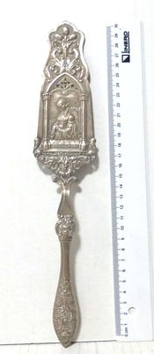 Silver plated serving vessel. with artistic relief, 19th century, length 31.5 cm