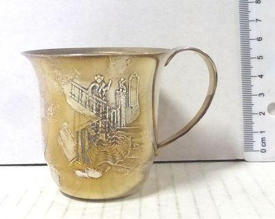 Silver plated cup with relief. stair scene, height 6.6 cm, diameter 7 cm