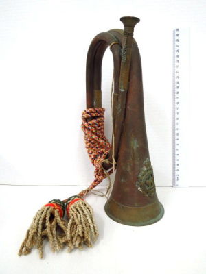 Alarm trumpet, British Forces, with unit emblem, WWII
