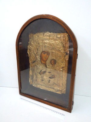 Russian Orthodox icon, the Holy Mother, hand painting with gilt silver coating