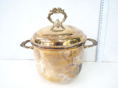 Lidded vessel for ice, glass lining, by “English Silver”, USA