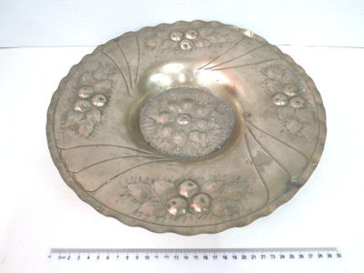 Silver plated round serving bowl, with hammered fruit pattern