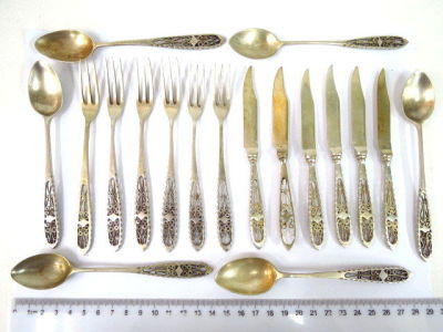Set of fruit cutlery, knife,fork, spoon (x6), silver plated filigree work