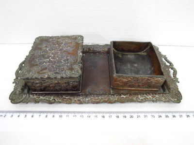 Set of smoking implements including cigarette case, ashtray and embossed copper tray, Art 