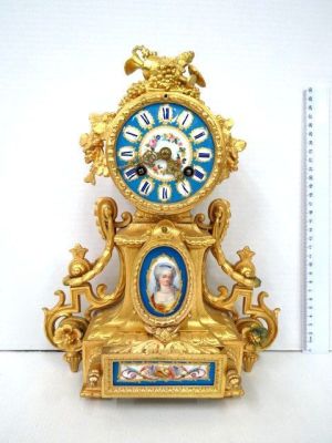 French shelf clock, gilt bronze with hand painted porcelain