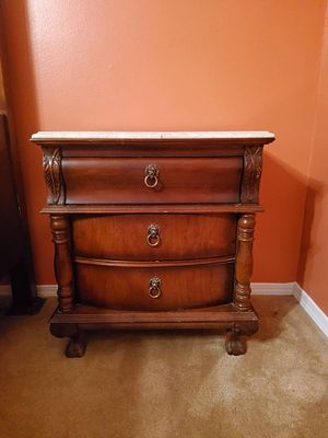 Wooden 3-Drawer Chest with Marble Top. Three-drawer wooden chest featuring a polished marble top 