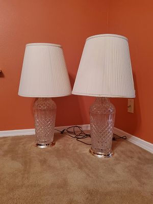 Pair of Crystal Table Lamps with White Fabric Shades. A matching pair of Waterford-style crystal 