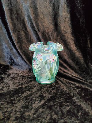 Fenton Green Glass Vase with Hand-Painted Floral Design. Fenton glass vase crafted in green 