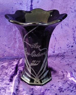 Commemortaive Vase from Mardi Gras Rex New Orleans 1917. Black glass vase with flared rim and 