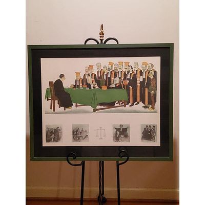 Framed Legal Caricature Print, Judges in Session, Satirical Vignettes, Signed 'jb' 