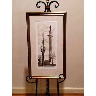 Framed Architectural Cityscape Etching Print - Gold-Tone Frame, Matted, Vertical Orientation. A 