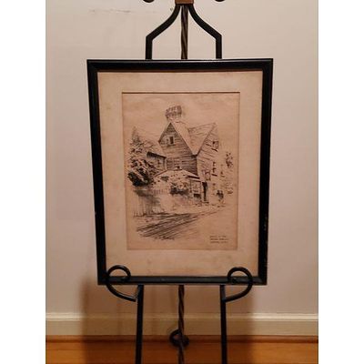 Signed W.F. Murray Original Sketch - House of the Seven Gables, Salem, Massachusetts - Framed 