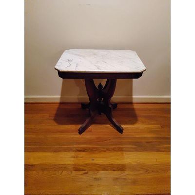 White Marble Top Pedestal Table - Carved Wood Base, Elegant Victorian Style. A 19th-century 