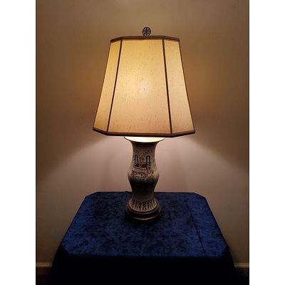 Hand-Painted Ceramic Table Lamp, Octagonal Cream Fabric Shade, Asian Motif, Longevity Finial 