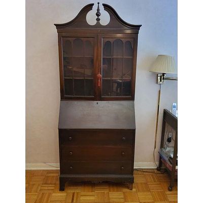 Chippendale Style Secretary Desk, Broken Pediment Top, Glass Display, Drop-Front Desk, Dark Brown. 