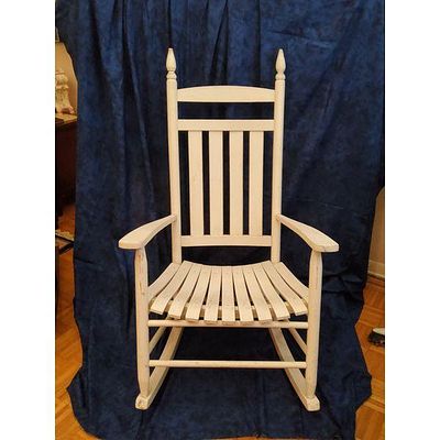 Off-White Wooden Rocking Chair - Slat Back and Seat, Spindle Finials, Distressed Finish 