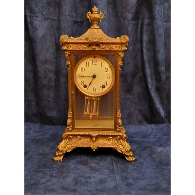 Ansonia Clock Co. Gilt Brass Crystal Regulator Mantle Clock - Ornate Design, Glass Panels 