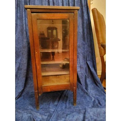 Vintage Wooden Display Cabinet - Glass Door, Multiple Shelves, Dark Brown. This display cabinet 