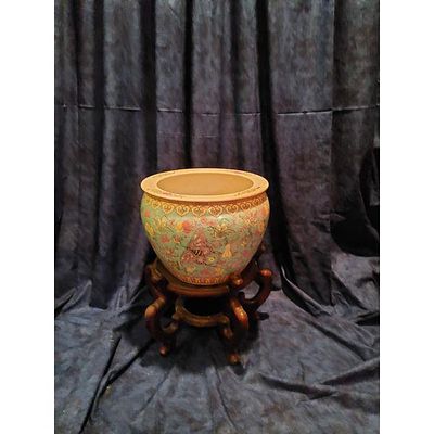 Ceramic Fishbowl Planter - Hand-Painted Floral & Butterfly Design, Goldfish Interior, Includes 