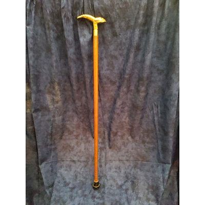 Crawfish Tail Handle Wooden Walking Cane - Decorative, Stylish, Brown & Gold. A gold tone handle 