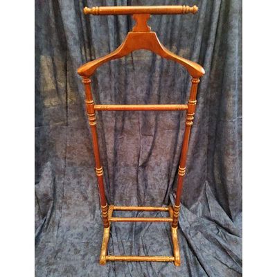 Wooden Valet Suit Stand - Cherry Finish, Integrated Hanger, Trouser Bar, Shoe Rack, Gold Accents. 