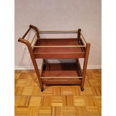 Mid-Century Modern Two-Tier Bar Cart - Brass Rails, Rolling, Mahogany Tone, Vintage Elegant Design. 