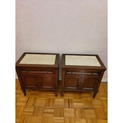 Pair of Nightstands Classic Dark Wood Light Marble Tops Carved Legs. Pair of classic dark wood 