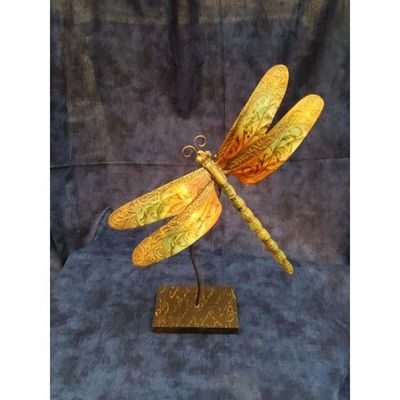 Decorative Dragonfly Sculpture Illuminated Wings Gold Green Orange. Decorative dragonfly 