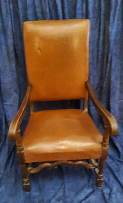 Armchair Traditional High-Back Brown Studded Trim. Traditional brown high-back armchair with 