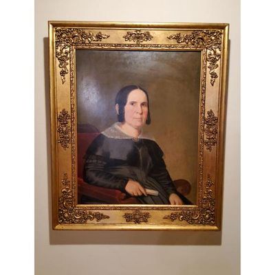 Oil Portrait Painting Seated Woman Holding Fan Floral Motifs Ornate Gold Frame 19th Century. Orna 