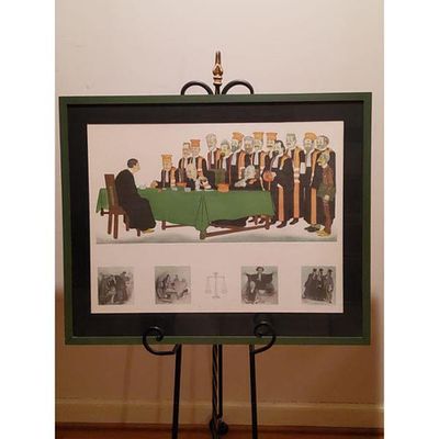 Framed Legal Caricature Print Courtroom Scene Green Frame Multicolor Print. Framed legal 