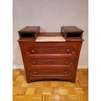 Washstand Dresser Antique Style Dark Reddish-Brown Wood Carved Drawers. Antique dark 