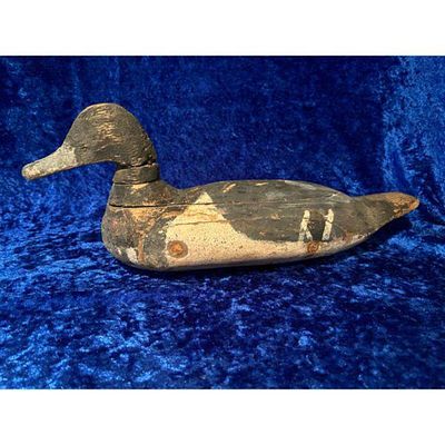 Hand-Carved Duck Decoy Distressed Black Off-White Natural Wood Rustic Patina. Hand-carved wooden 