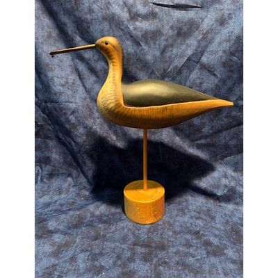 Wooden Bird Carving Hand-Painted Gray Tan Mounted Wood Stand Home Decor. Decorative wooden bird 