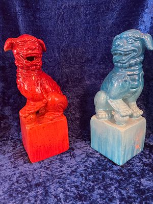 Ceramic Sculpture Red Blue Guardian Lions Asian Decor Intricate Details. Pair of vibrant red and 