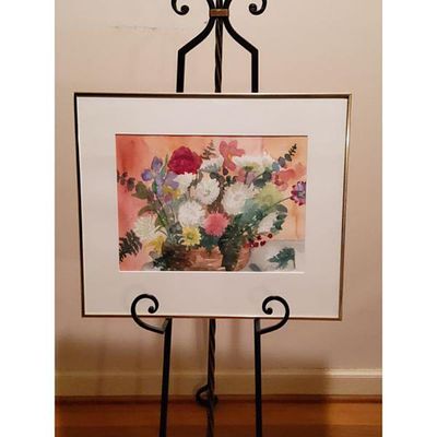 Watercolor Painting Floral Arrangement Multi-Color Gold-Toned Frame Signed L Finke. Signed L 