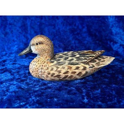 Carved Wooden Duck Decoy Cinnamon Teal Hen Feather Pattern BrownTanBlack by Mike Thady Signed 
